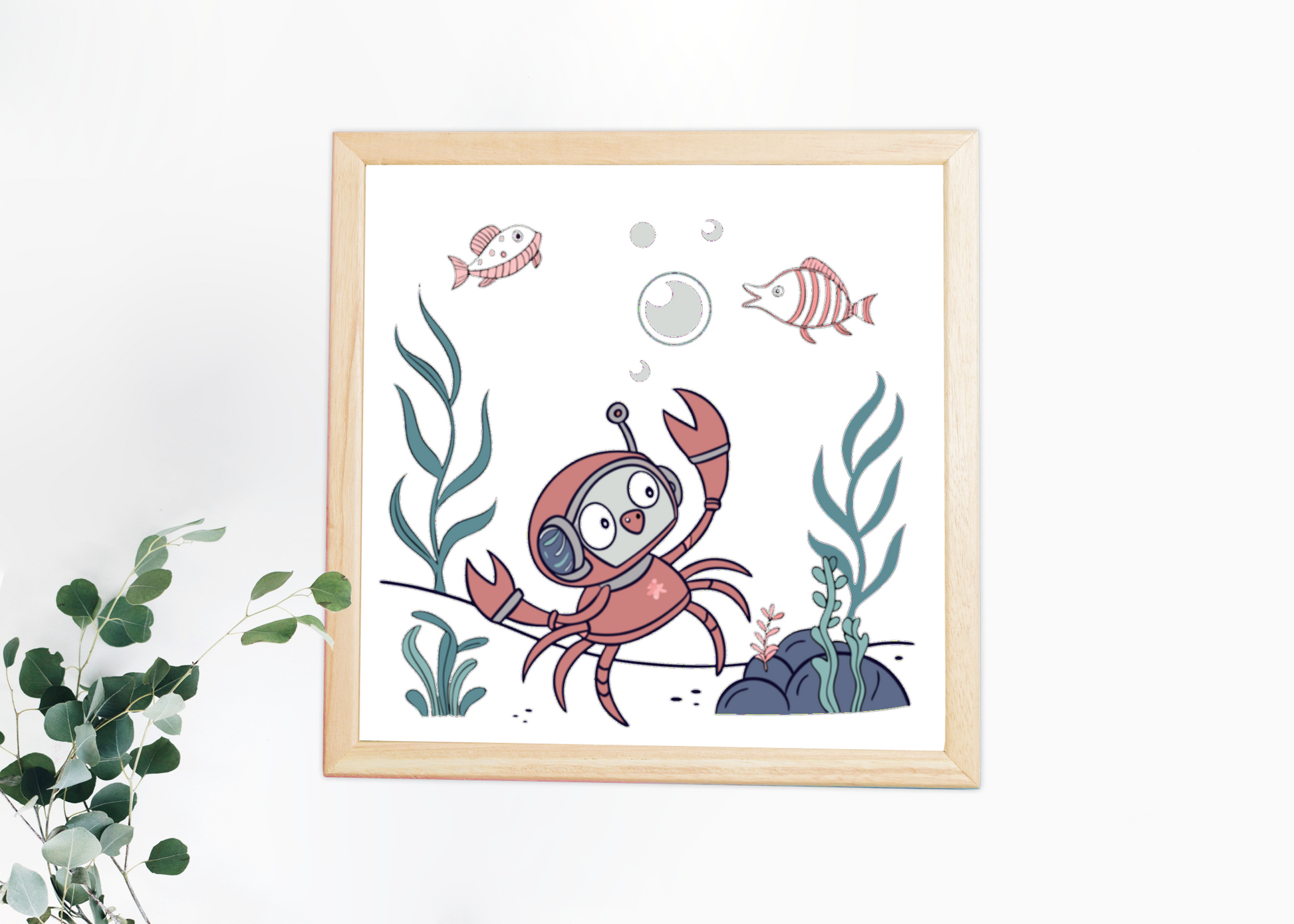 Représentation décorative de crabe curieux sur un cadre style aventure aquatique