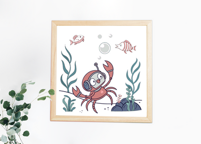 Représentation décorative de crabe curieux sur un cadre style aventure aquatique