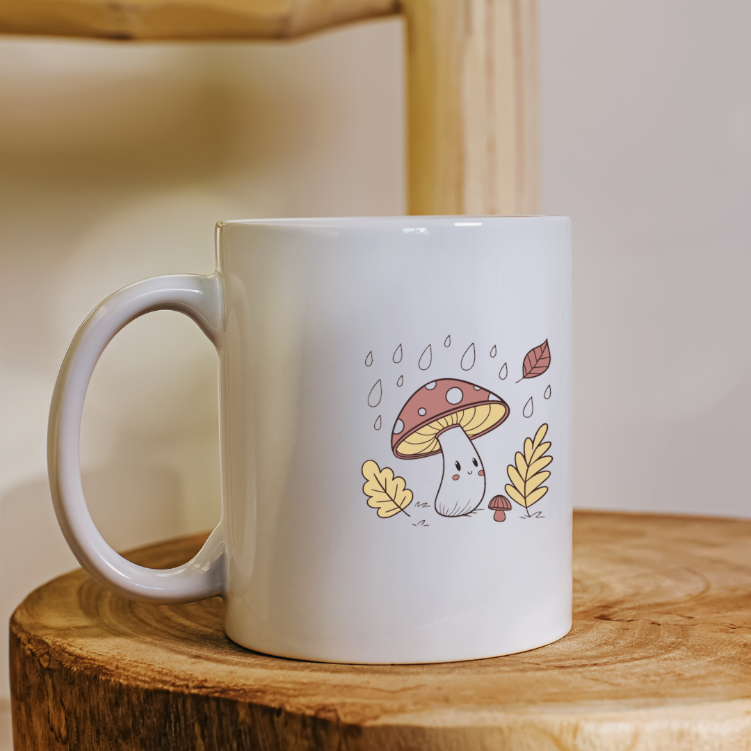 Mug décoratif avec champignon stylisé sous la pluie thème automnal