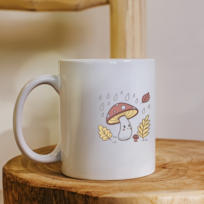 Mug décoratif avec champignon stylisé sous la pluie thème automnal