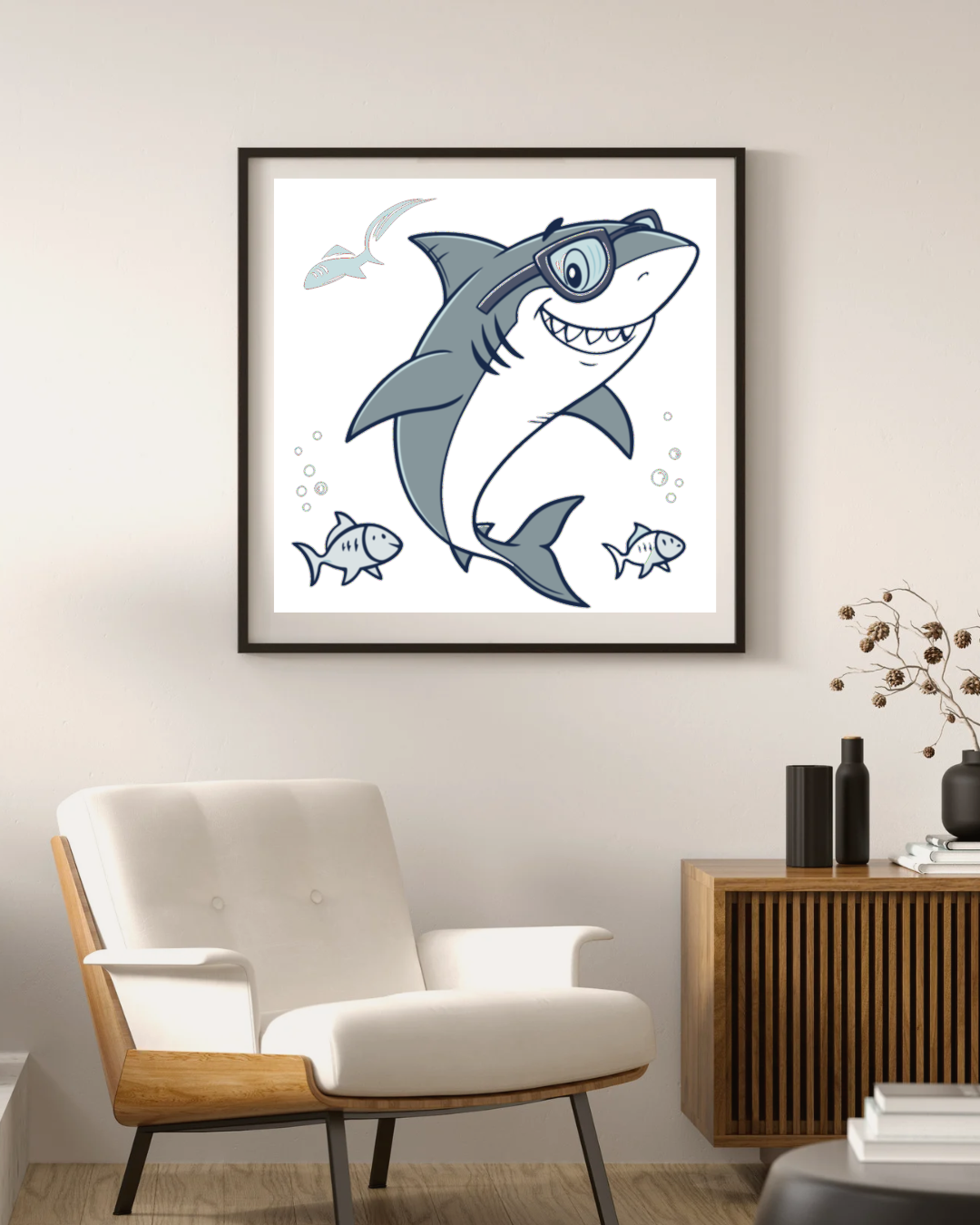 Cadre décoratif avec requin marin portant des lunettes de soleil et souriant