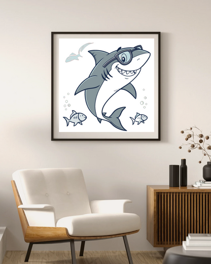 Cadre décoratif avec requin marin portant des lunettes de soleil et souriant
