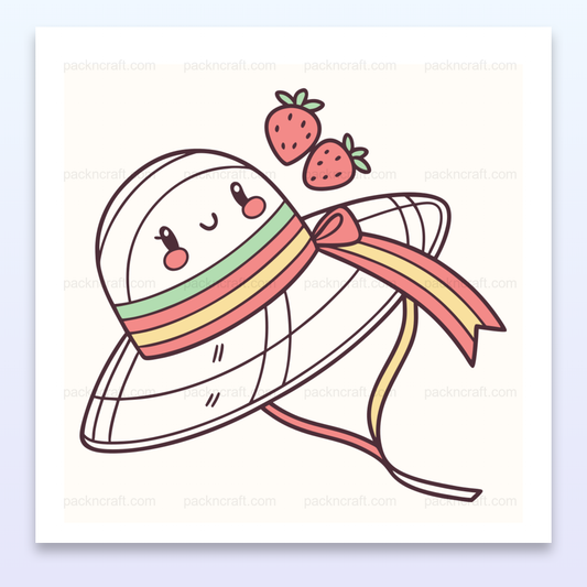 Illustration d'un chapeau joyeux avec des fraises, style kawaii et pastel, pour projets estivaux.