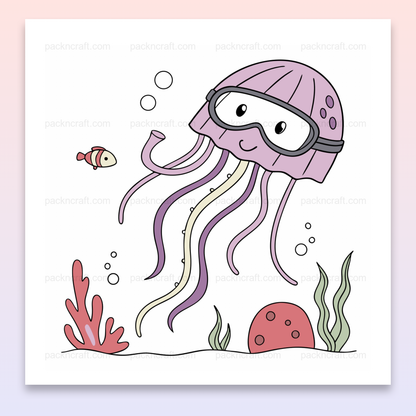 Illustration vectorielle d'une méduse aventurière avec des lunettes dans un océan stylisé.