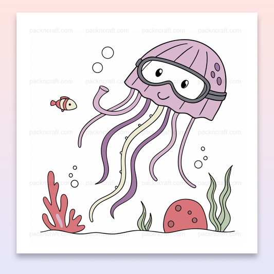 Illustration vectorielle d'une méduse aventurière avec des lunettes dans un océan stylisé.