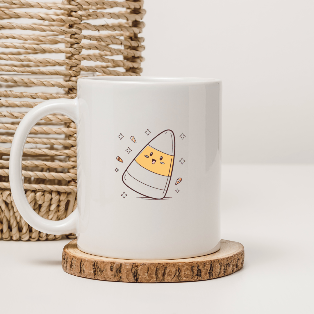 Mug avec décor kawaii de bonbon maïs joyeux sur fond d'Halloween coloré