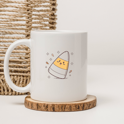 Mug avec décor kawaii de bonbon maïs joyeux sur fond d'Halloween coloré