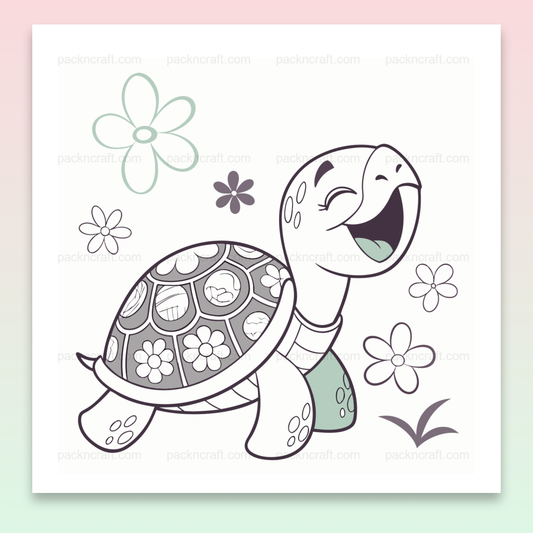 Illustration de tortue joyeuse avec fleurs, parfaite pour DIY et déco.