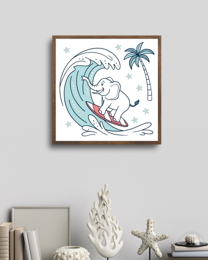 Cadre représentant un éléphant joyeux surfeur en thème tropical, ambiance dynamique