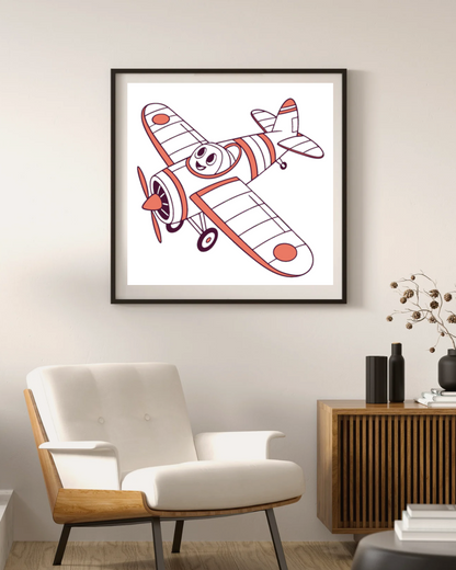 Cadre avec avion cartoon souriant en vol style aventure amusante et céleste