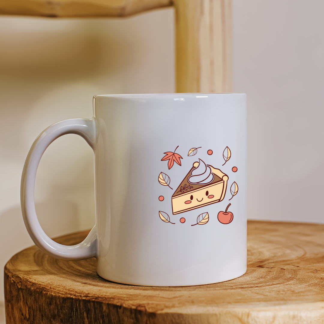 Mug avec part de tarte kawaii souriante en thème automnal sur fond épuré