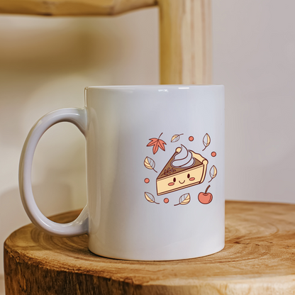 Mug avec part de tarte kawaii souriante en thème automnal sur fond épuré