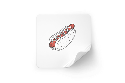 Sticker amusant avec dessin de hot dog savoureux dans un style flat design vibrant