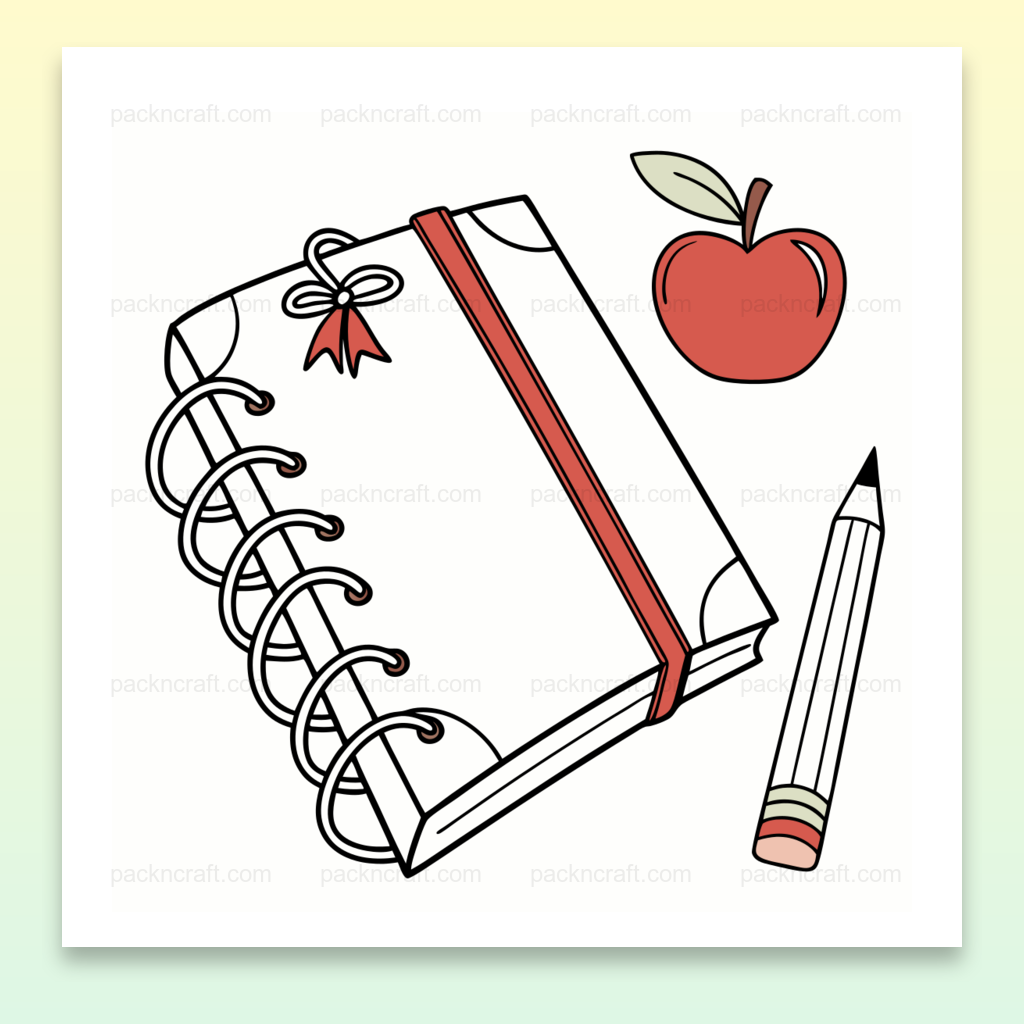 Illustration minimaliste d'un carnet avec crayon et pomme, parfait pour projets créatifs.