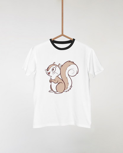T-shirt graphique avec motif d'écureuil curieux dans une ambiance forestière amusante