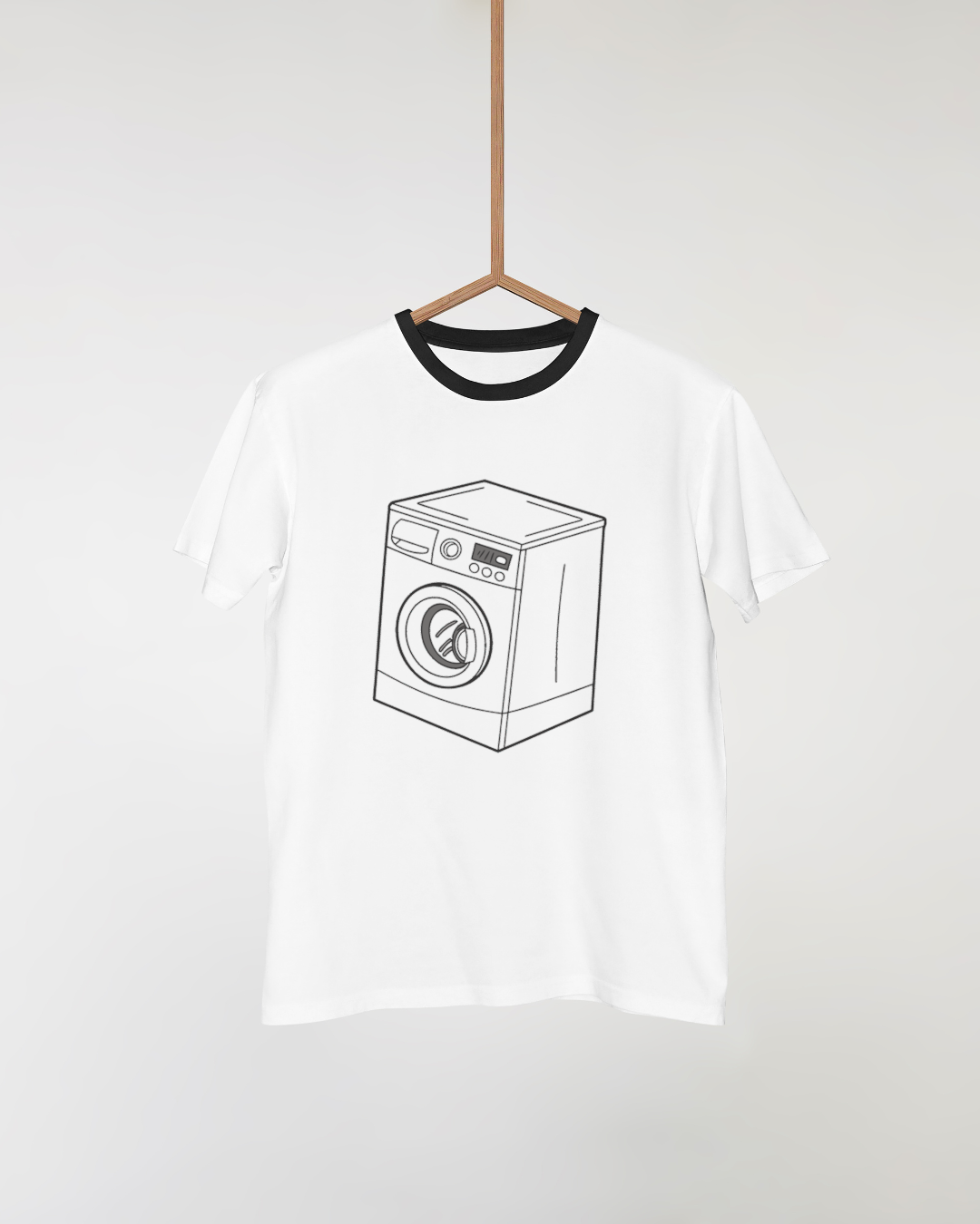 T-shirt avec une icône digitale de machine à laver moderne dans un style doodle