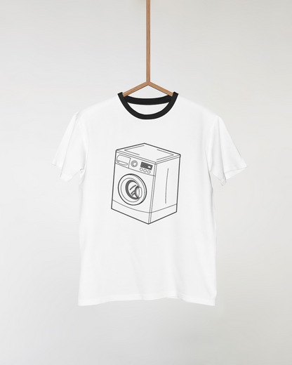 T-shirt avec une icône digitale de machine à laver moderne dans un style doodle