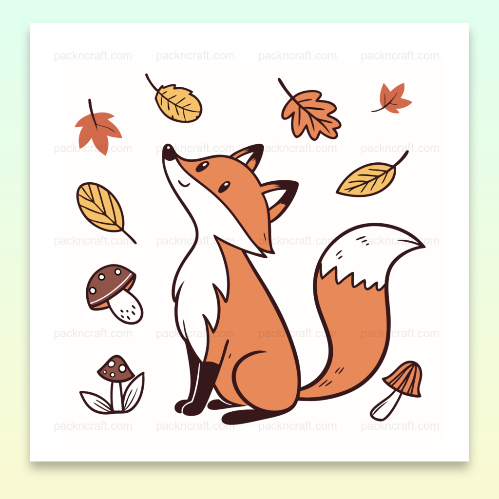 Dessin d'un renard pensif sous des feuilles colorées. Idéal pour décoration automnale et projets créatifs.