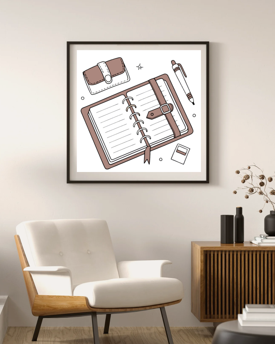 Cadre stylé avec un design minimaliste de carnet ouvert sur le thème papeterie