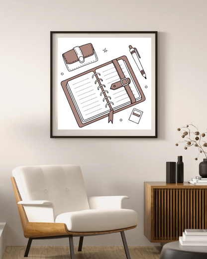 Cadre stylé avec un design minimaliste de carnet ouvert sur le thème papeterie