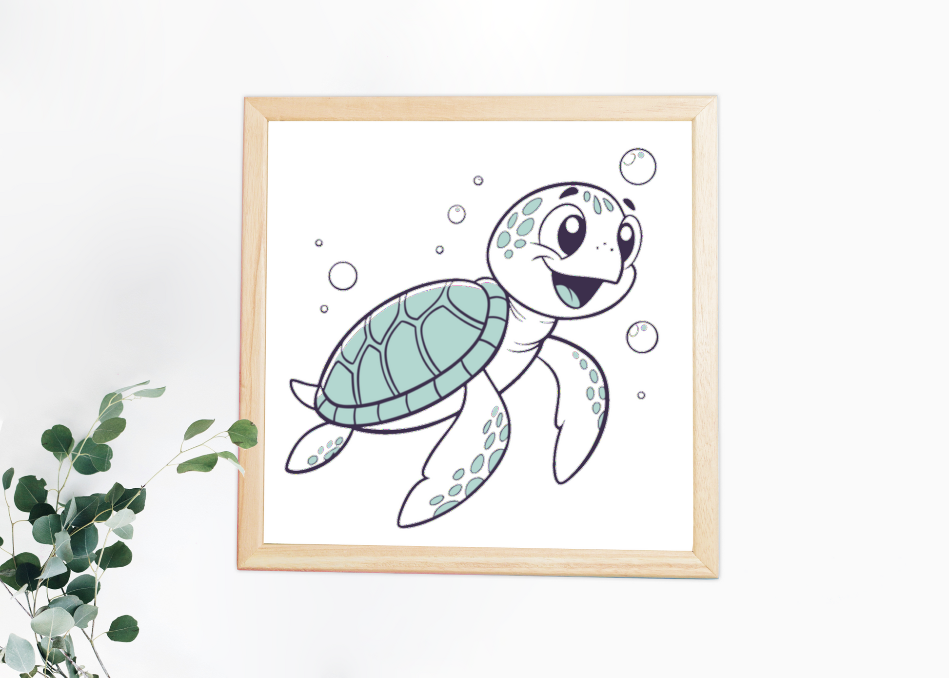 Décoration murale avec tortue joyeuse nageant dans un cadre thème marin pastel