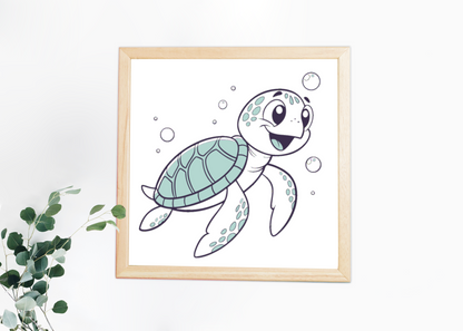 Décoration murale avec tortue joyeuse nageant dans un cadre thème marin pastel