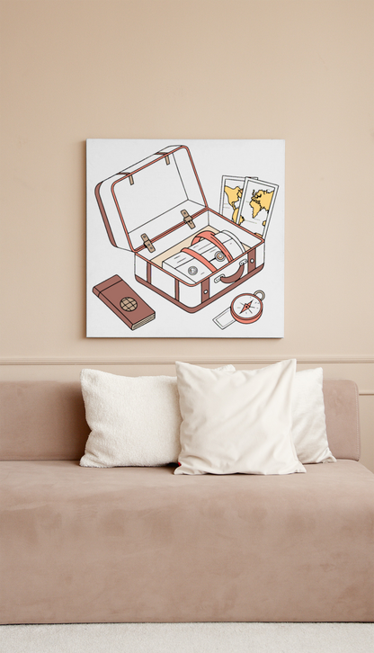 Cadre avec valise vectorielle en style flat sur fond blanc pour explorer le monde
