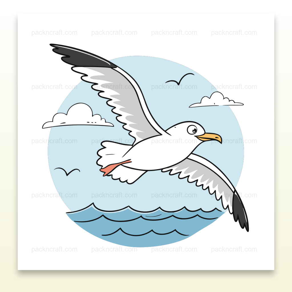 Illustration vectorielle d'une mouette en vol au-dessus de l'océan, idéale pour déco.