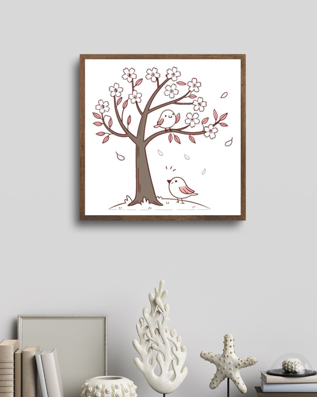 Cadre illustré de joyeux oiseaux sous cerisier en fleurs dans un style pastel délicat