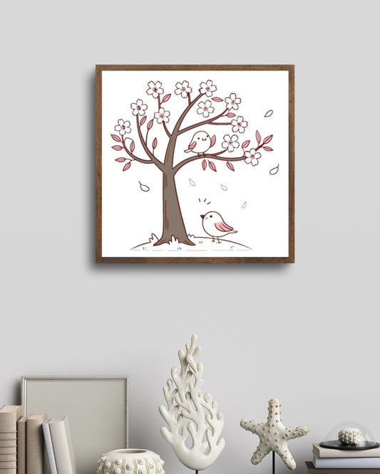Cadre illustré de joyeux oiseaux sous cerisier en fleurs dans un style pastel délicat