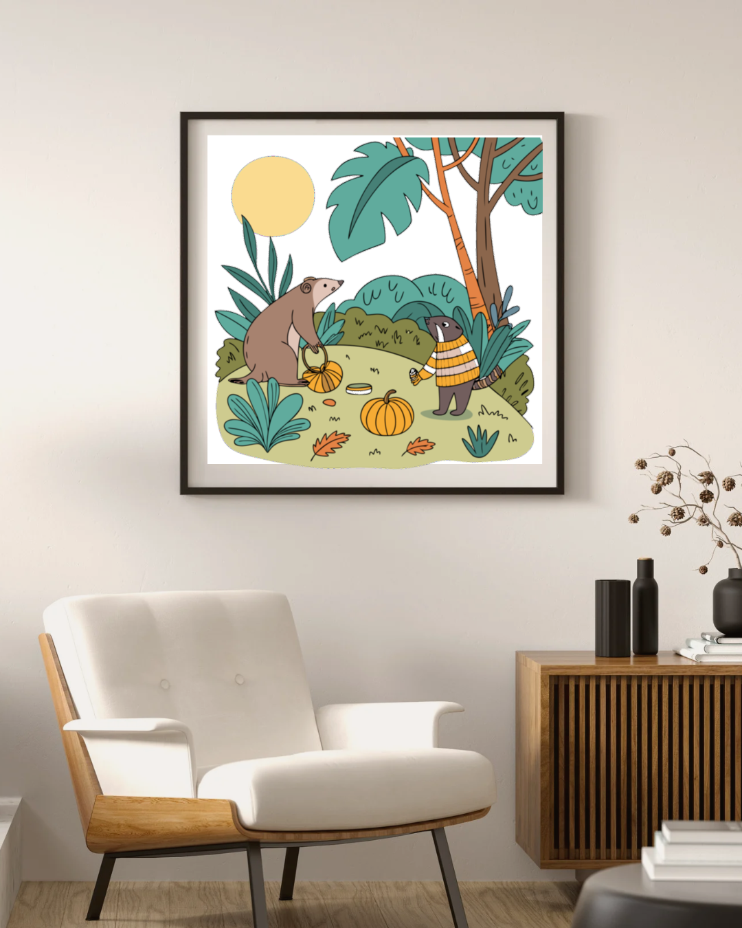 Cadre décoratif automnal avec ours et loutre, ambiance festive et chaleureuse