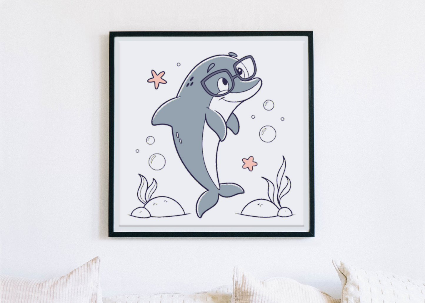 Cadre avec dauphin malin en lunettes au style aventure marine doodle lumineux
