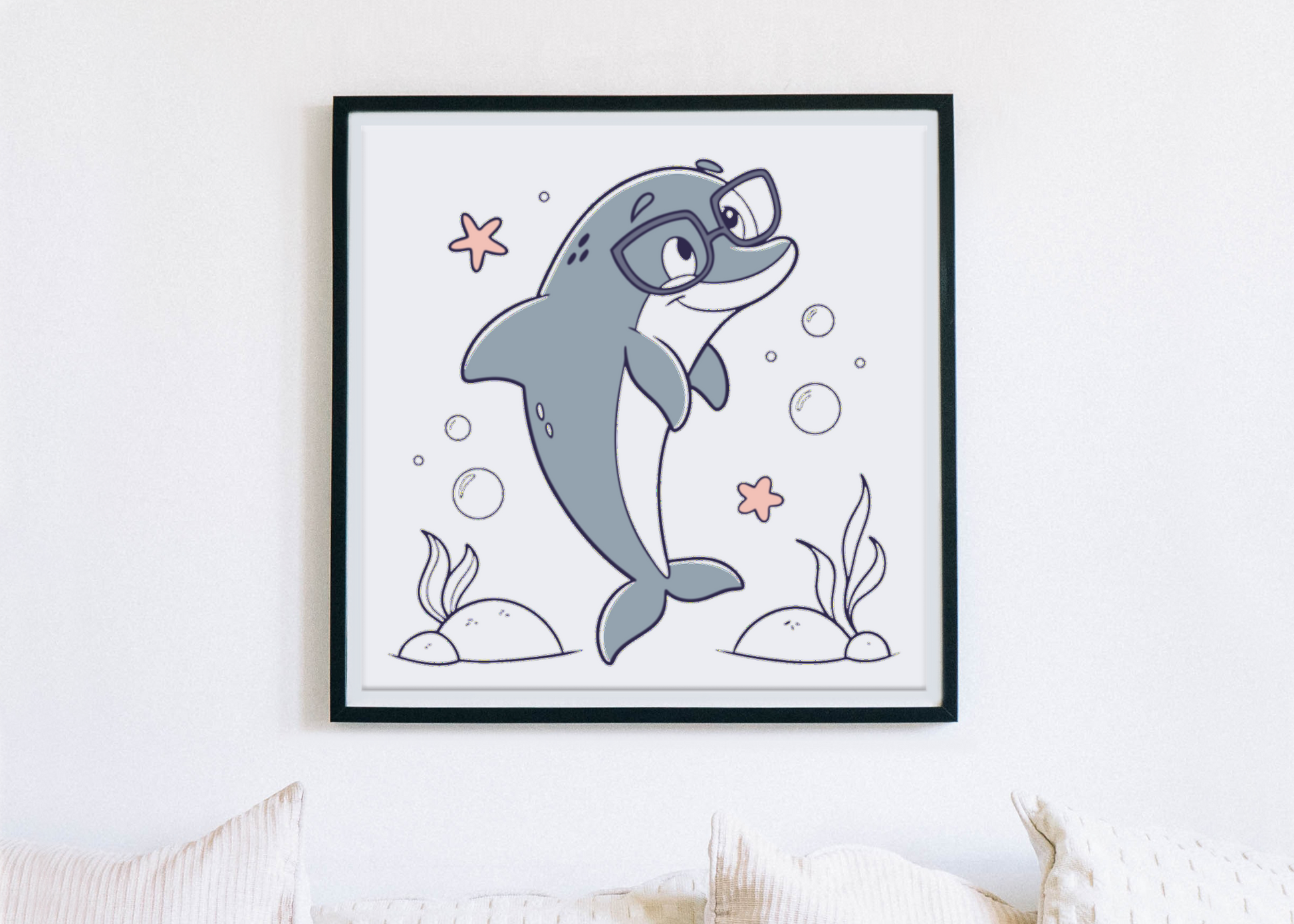Cadre avec dauphin malin en lunettes au style aventure marine doodle lumineux