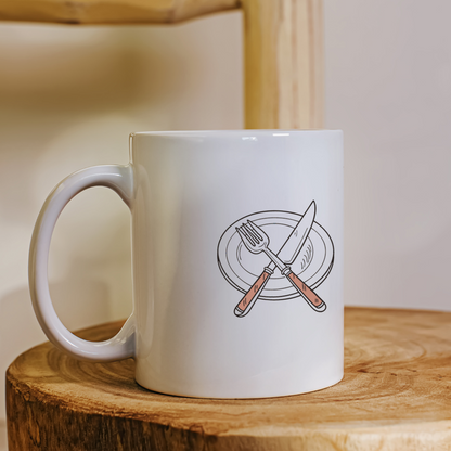 Mug avec motif doodle de couverts et assiette, idéal pour une cuisine élégante
