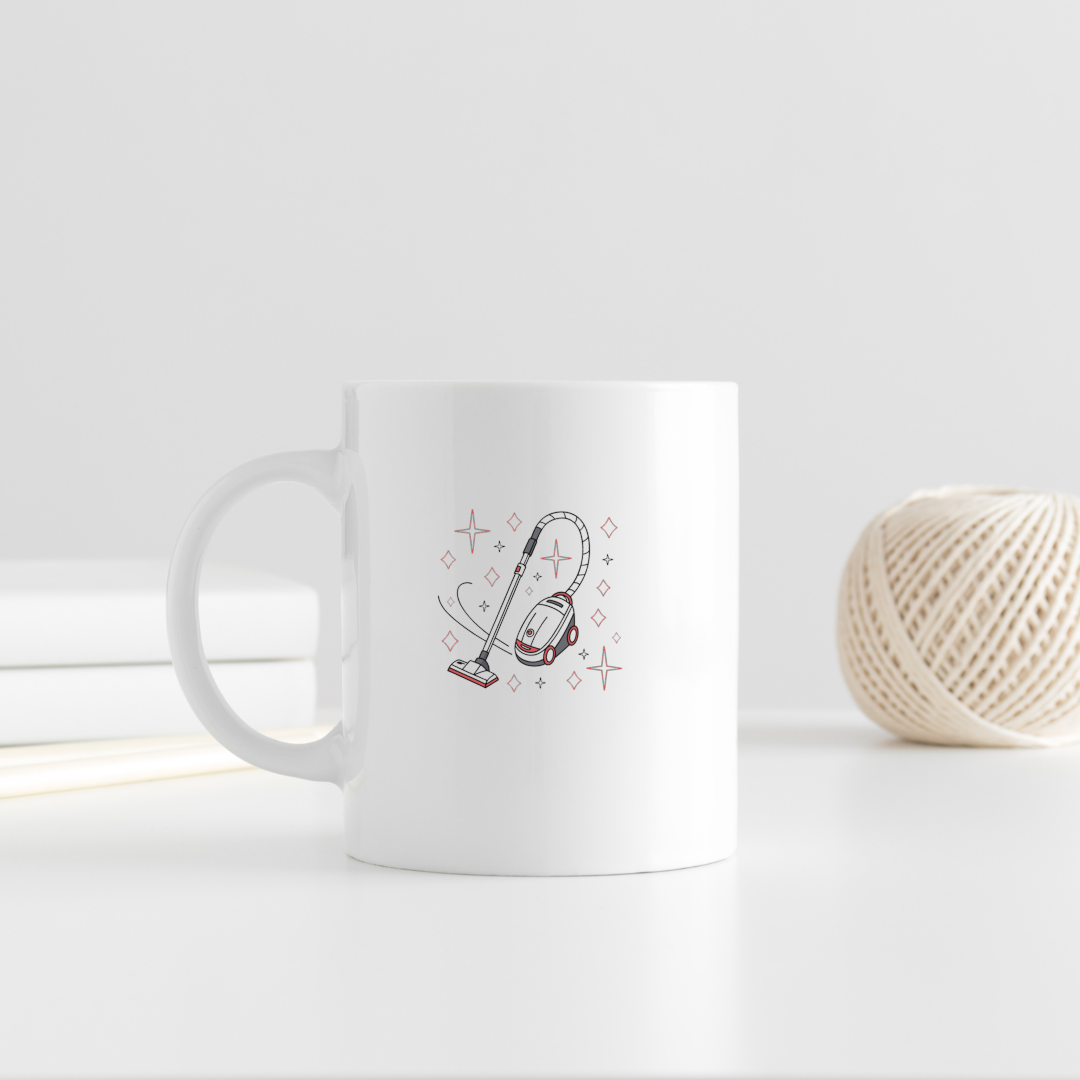 Mug décoré d'un aspirateur stylisé minimaliste évoquant la propreté quotidienne