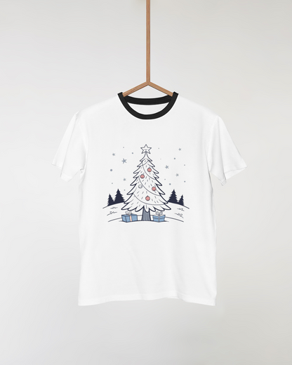 T-shirt arborant un dessin minimaliste de sapin de Noël au style festif et hivernal