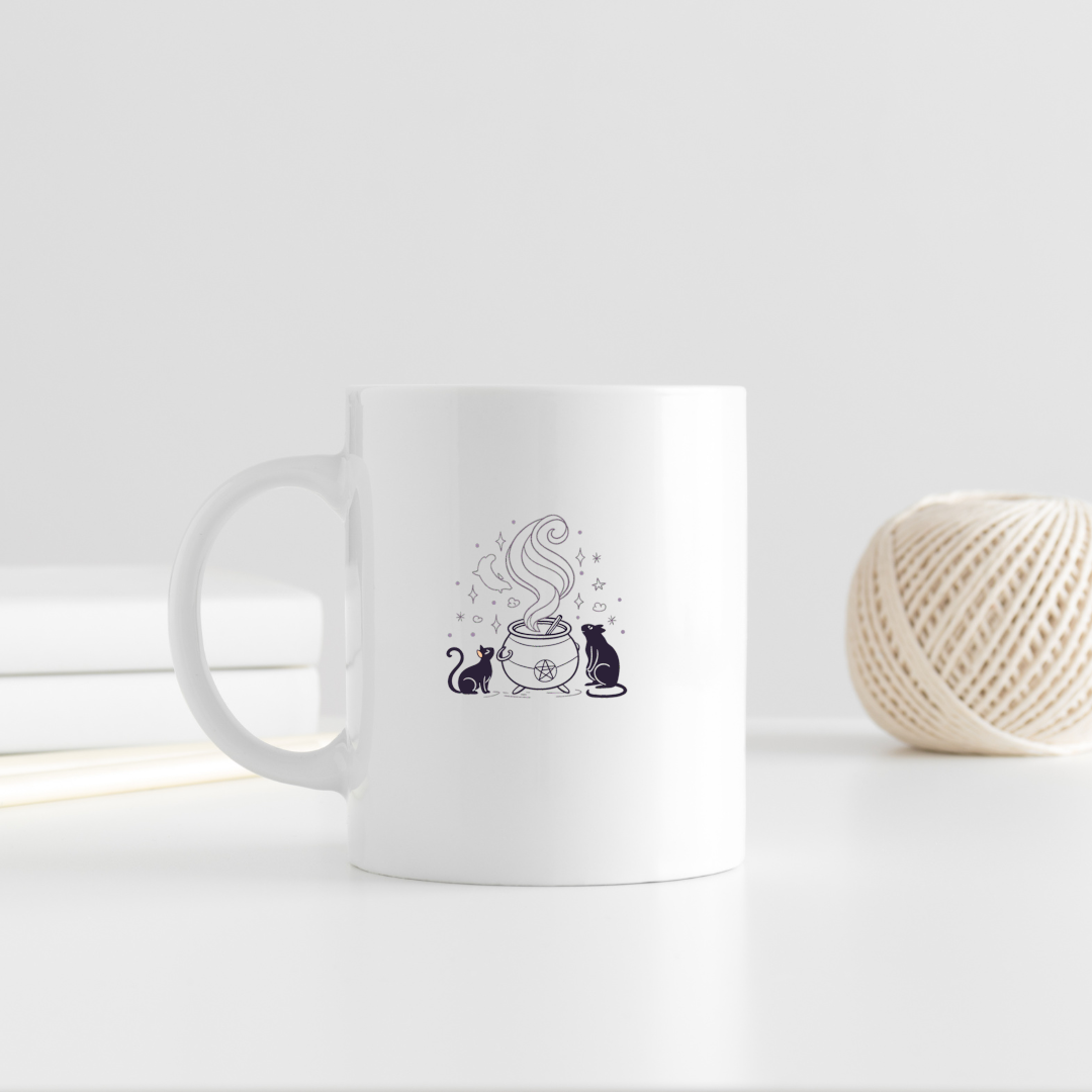 Mug avec chats curieux sur fond magique style sorcellerie