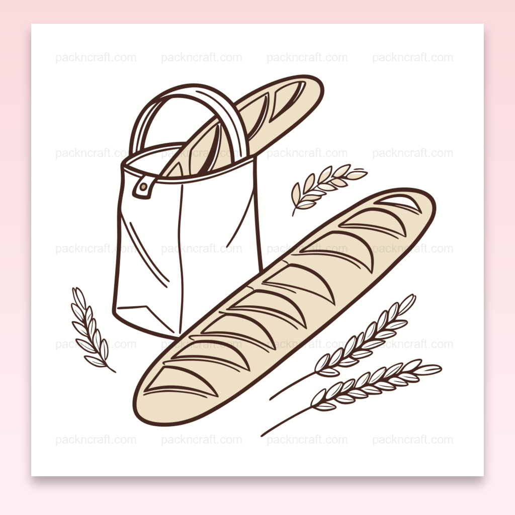Illustration minimaliste de sac avec baguette de pain, parfait pour déco cuisine et projets DIY.