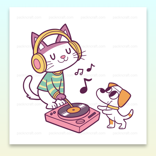 Illustration de chat DJ kawaii pour papeterie et projets DIY.