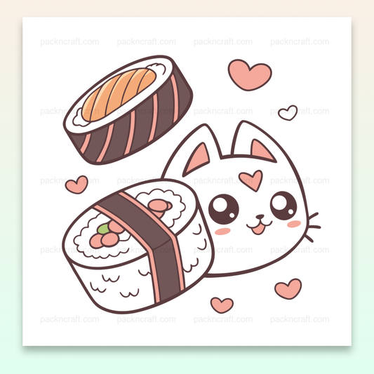 Illustration kawaii d'un chat sushi avec des cœurs, pour projets DIY et déco.
