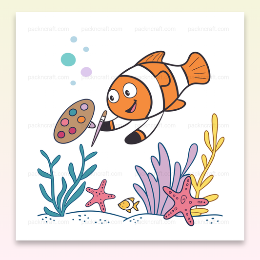 Poisson clown souriant en train de peindre en style cartoon, idéal pour projets marins.