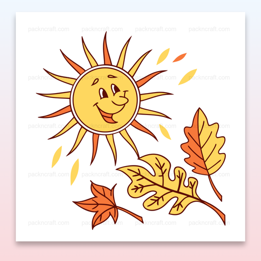 Soleil souriant avec feuilles dorées, illustration automnale DIY