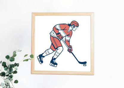 Cadre glacial avec joueur de hockey en pleine action dans un design sportif moderne