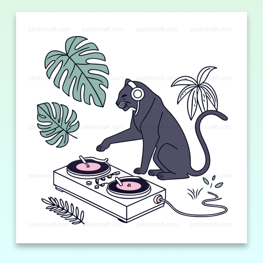 Illustration vectorielle d'une panthère DJ en jungle, idéale pour projets créatifs.