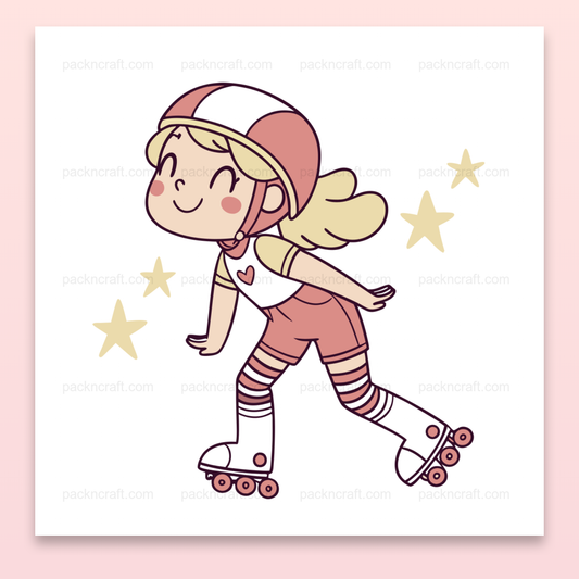Illustration d'une fillette joyeuse en rollers, idéale pour papeterie et déco.