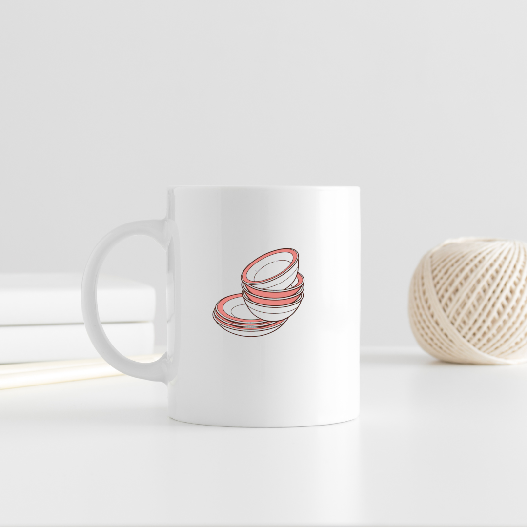 Mug en céramique avec icône assiettes empilées style doodle ambiance maison