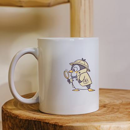 Mug en céramique avec pingouin détective style doodle, esprit aventure énigmatique