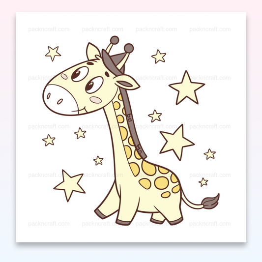 Illustration de girafe rêveuse sous les étoiles, idéale pour déco et papeterie.