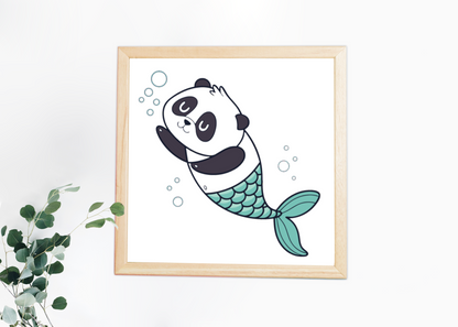 Cadre décoratif avec panda-sirène kawaii dans un océan magique
