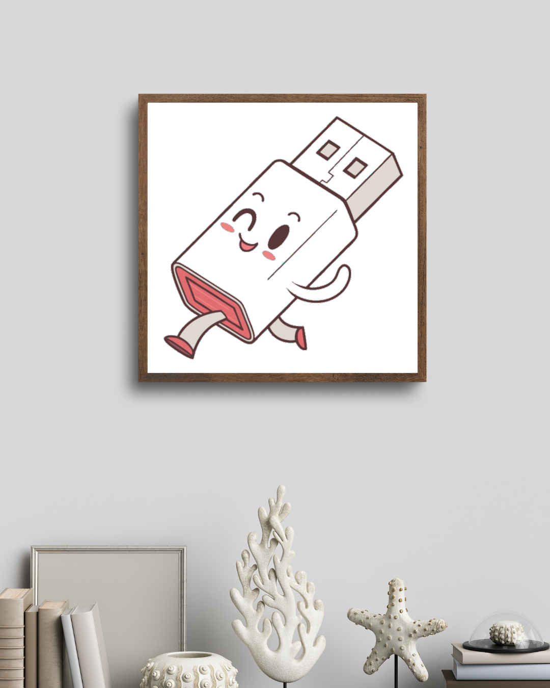 Cadre avec design kawaii d'une clé USB joyeuse en promenade
